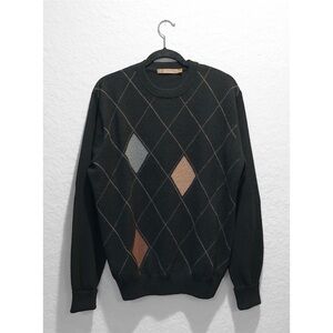 Raffi 100% Cashmere Crewneck Sweater Men’s L Black Argyle Quiet Luxury Preppy